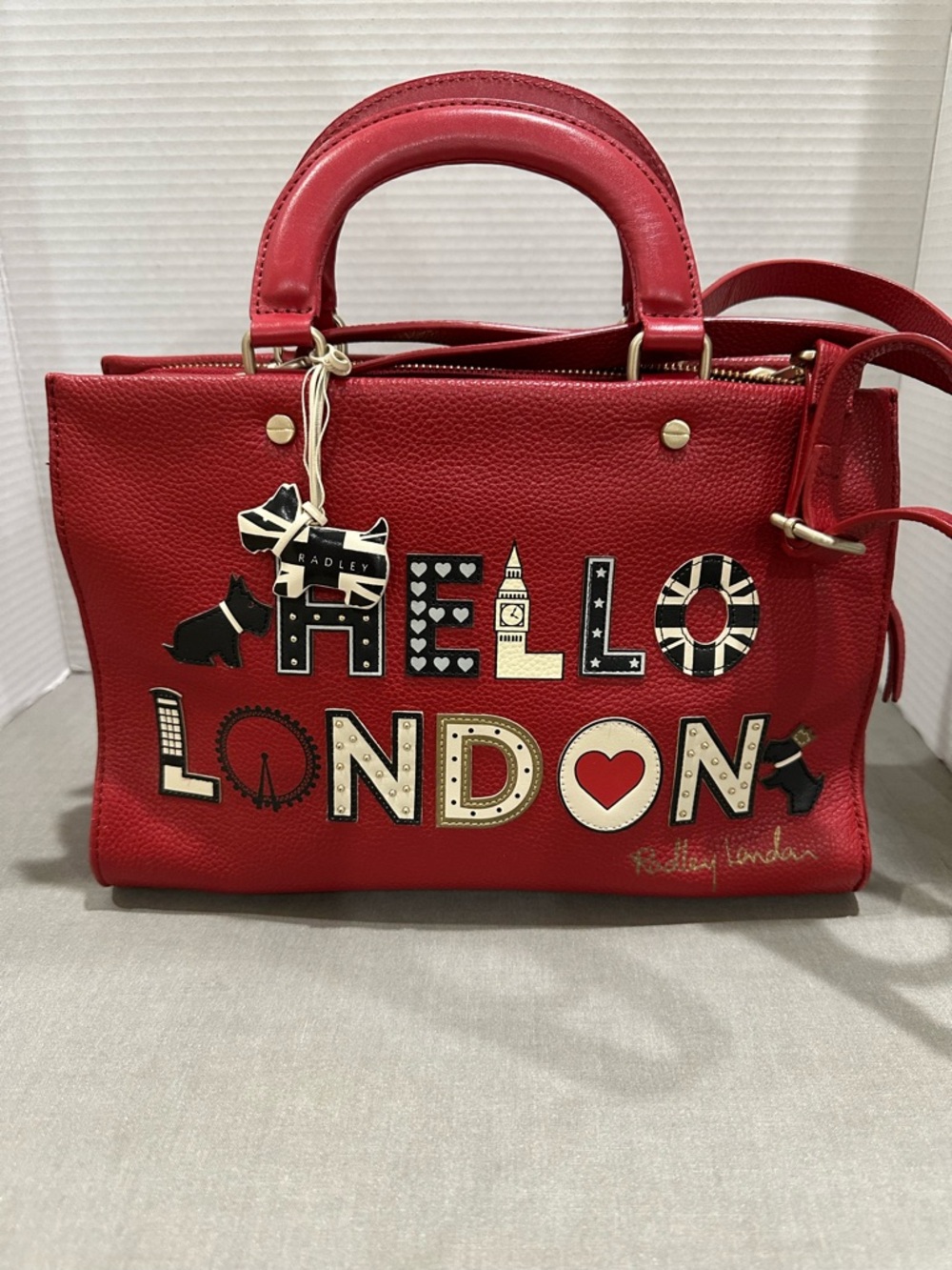 RADLEY LONDON Red Leather Top-Handle Satchel with London Appliqués